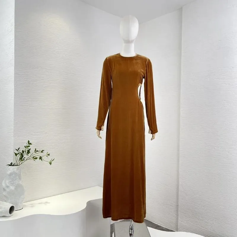 Casual Kleider 2024 Neueste Frauen Vintage Solide Braun Schwarz Langarm Oansatz Taille Cut Out Hohe Qualität Midi Kleid