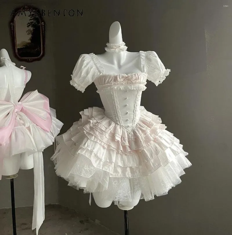 Swobodne sukienki elegancka różowa słodka sukienka dla kobiet codziennie lolita urodziny impreza japońska kawaii lapel bowwork Patchwork Slim Y2K mini