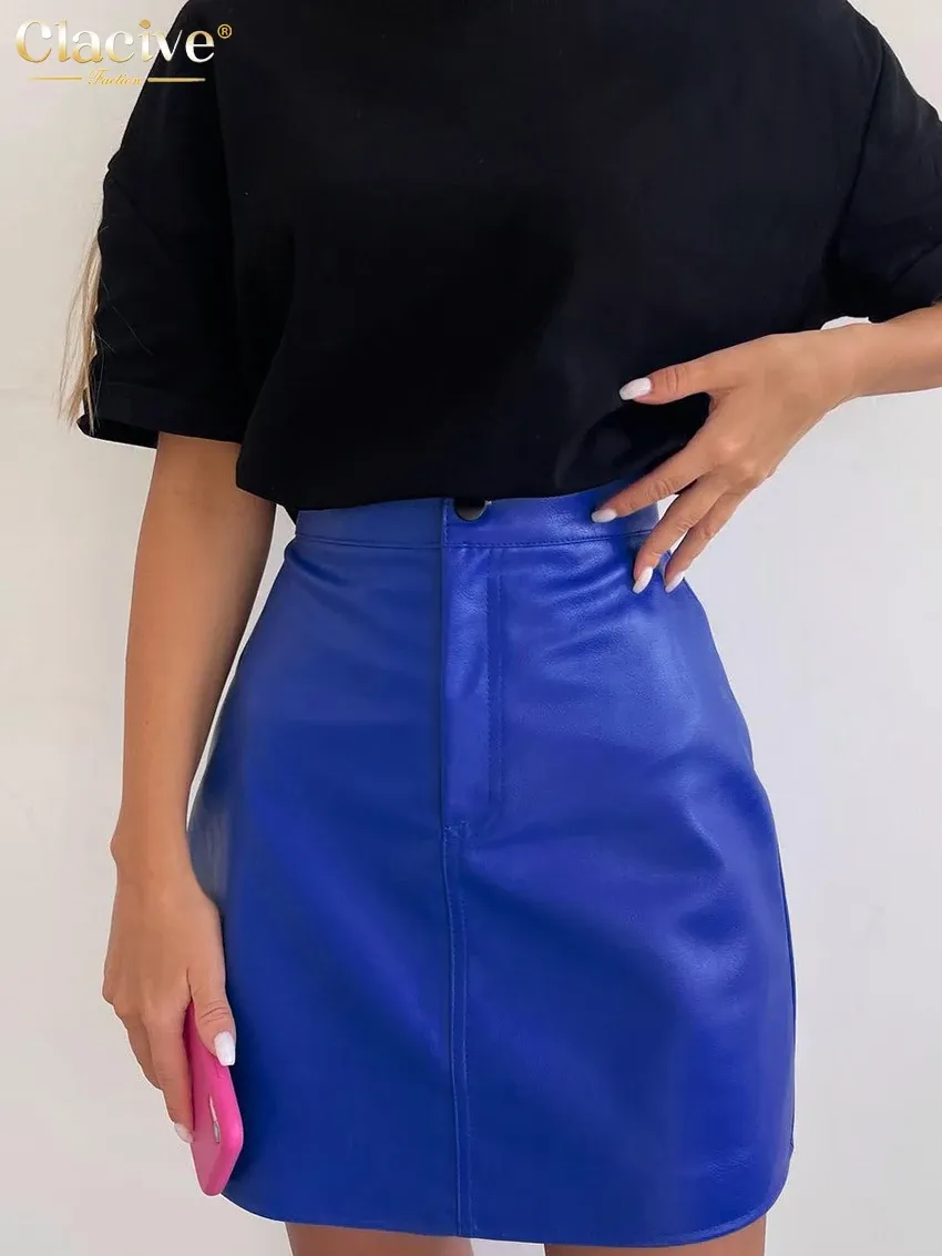 Dresses Clacive Fashion Blue Pu Leather Skirt Women 2022 New Sexy High Waist Bodycon Midi Skirt Elegant Office Pencil Skirt Knee Length
