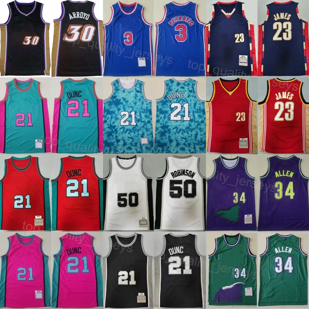 Retro Basquete David Robinson Jerseys 50 Carlos Arroyo 30 Drazen Petrovic 3 Ray Allen 34 LeBron James 23 Tim Duncan 21 Vintage Esporte Fãs Retrocesso Uniforme