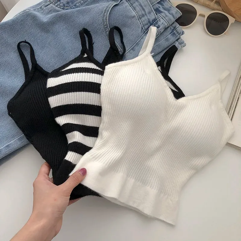 T-Shirt Knitted Camis for Woman Tops for Women Stripes Crop Tops Built in Bra Spaghetti Strap Camisole Female Tank 2022 Droppshipping