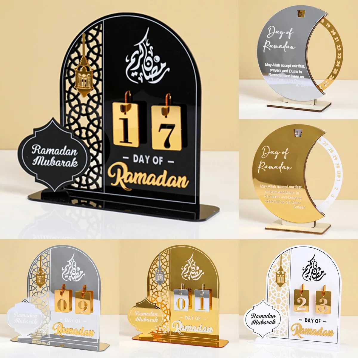 Calendrier de compte à rebours du Ramadan en acrylique, ornement Eid Mubarak, décoration Kareem pour la maison, décoration de fête musulmane islamique, cadeaux 240301