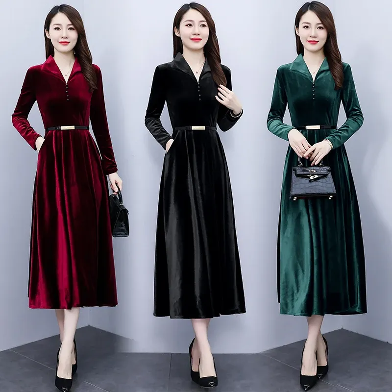 Dress Velvet Dress Women Autumn Winter Elegant Ladies Evening Party Long Dresses Vintage Black Green Pockets Maxi Female Vestidos