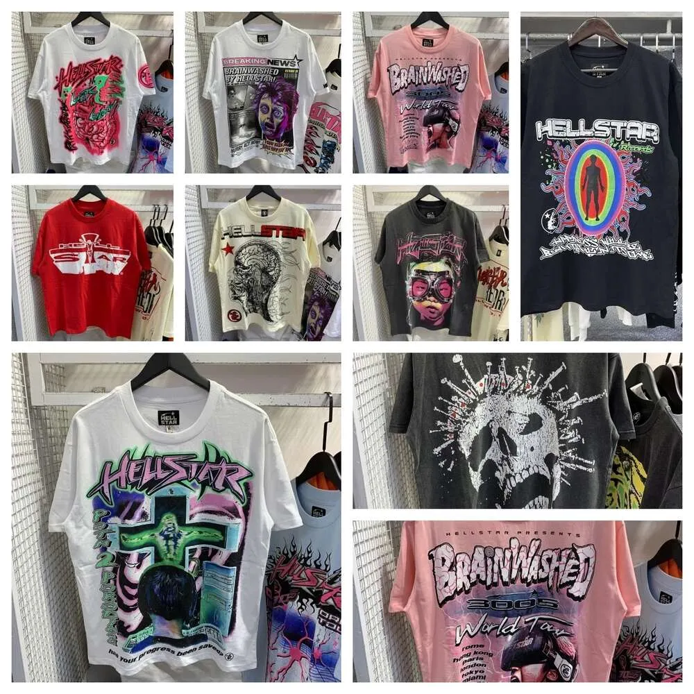 Mens T-shirts Hellstar Designer skjortor tvättade tyg graffiti bokstäver folie tryck mönster helvete kvinnor tvätt gata lös rund nacke casual short hylsa wo wo