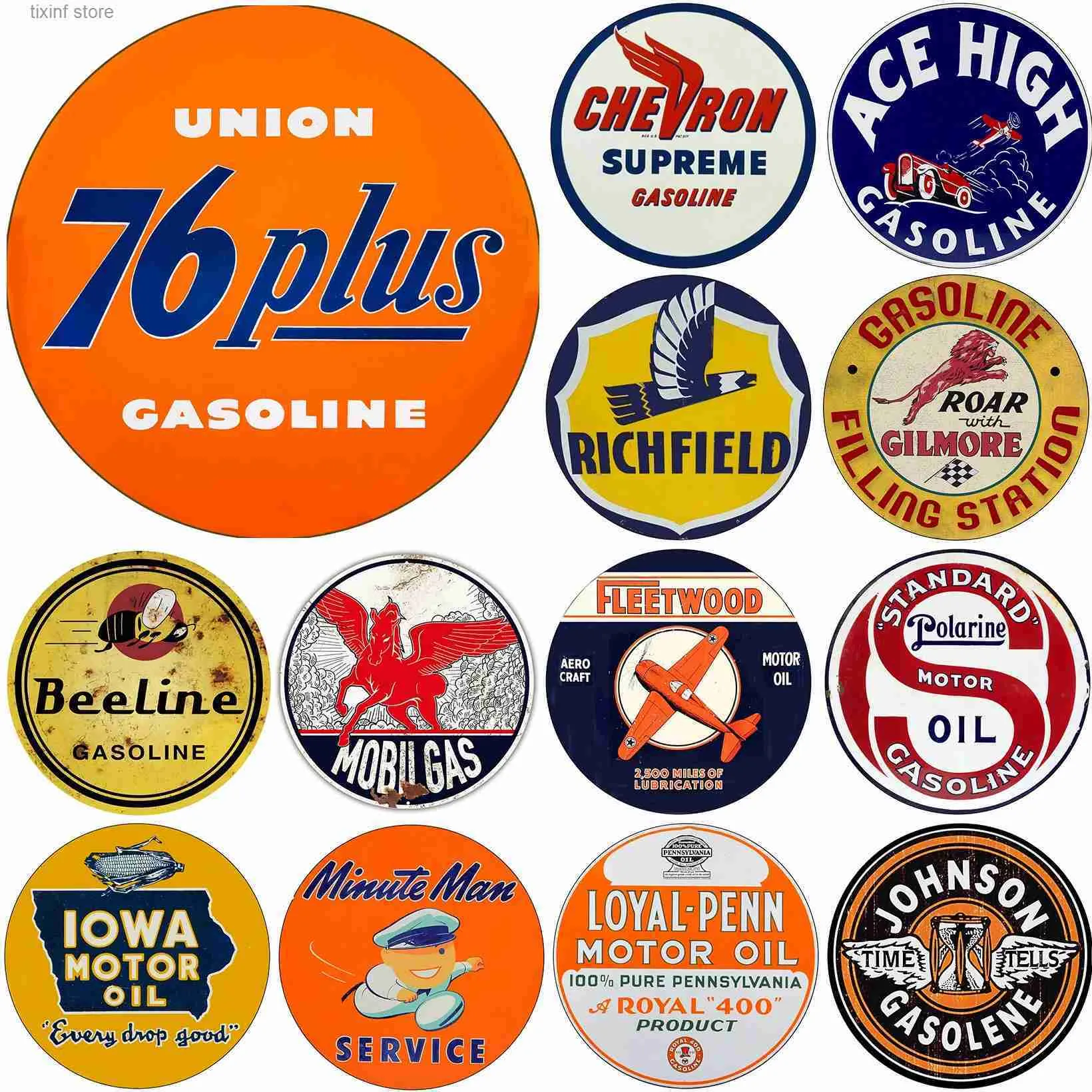 Metal Painting Mobile Esso Red Rose Beeline Motor Oil Gasonline Round Metal Tin Signs Garage Gas Oil Station Bar Cafe Man Cave Retro Wall Decor T240309