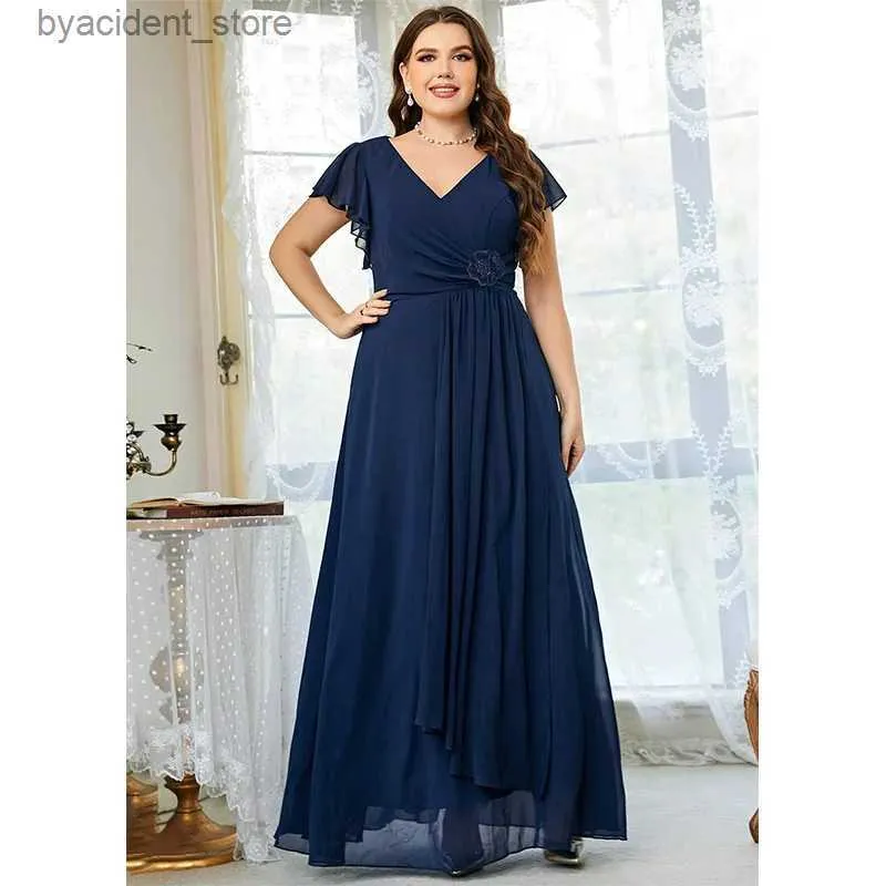 Vestidos urbanos sexis para mujer, vestido azul real de gasa con cuello de pico, vestido de manga corta, elegante de lujo de talla grande 4XL 5XL, verano 2022 L240309