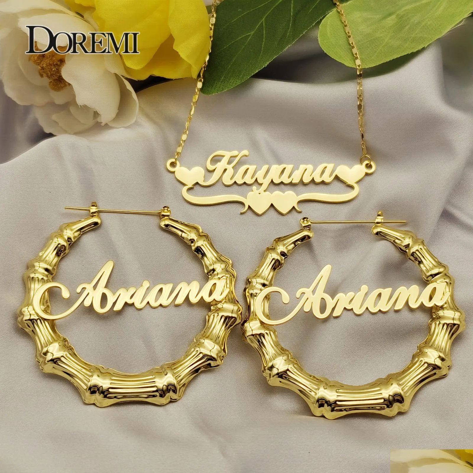 Hoop Huggie Hie Doremi One Name Earrings And Necklace Set Tile Chain Round Bamboo Custom Letter Personalised Gift Drop Delivery Jewelr Otkio