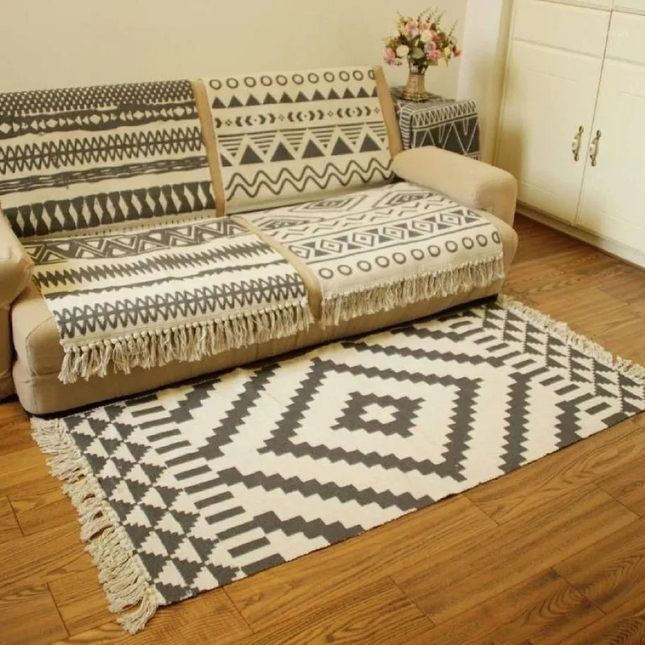 Alfombra tejida a mano de algodón blanco y negro marroquí para sala de estar, dormitorio, cocina, pasillo, alfombras duraderas lavables a máquina con borlas Mat1263J