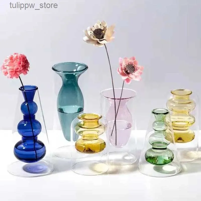 Vases Vase en verre teinté en rotin sans feu, bouteille d'aromathérapie à haute teneur en borosilicate, décoration de salon, arrangement floral, culture hydroponique L240309