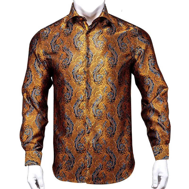 Hi-tie 100% seda luxo preto ouro bordado paisley vestido camisa masculina manga longa casual botão-para baixo camisas outwear presente 240304