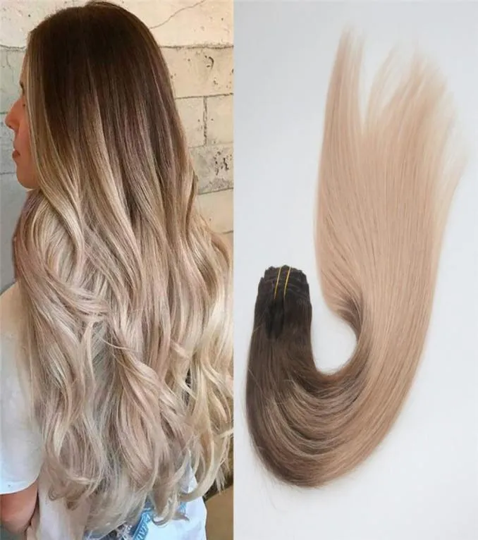 Clip en cheveux humains Remy Ombre brun à blond cendré faits saillants 418 clips sans couture sur les extensions de cheveux 7 pièces 120 grammes pour tête complète6760889