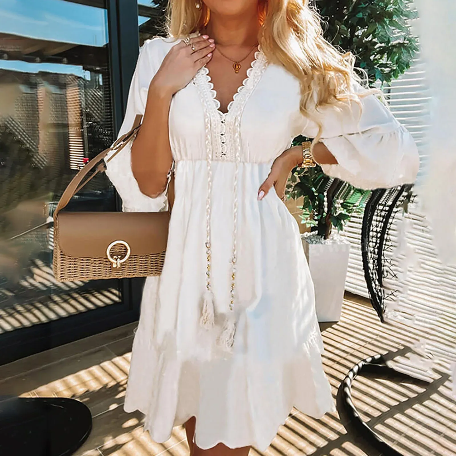 Dress New White Summer Dresses for Women Lace V Neck Short Flare Sleeve Holiday Dress High Waist Casual Ruffles Tiered Midi Dress Robe