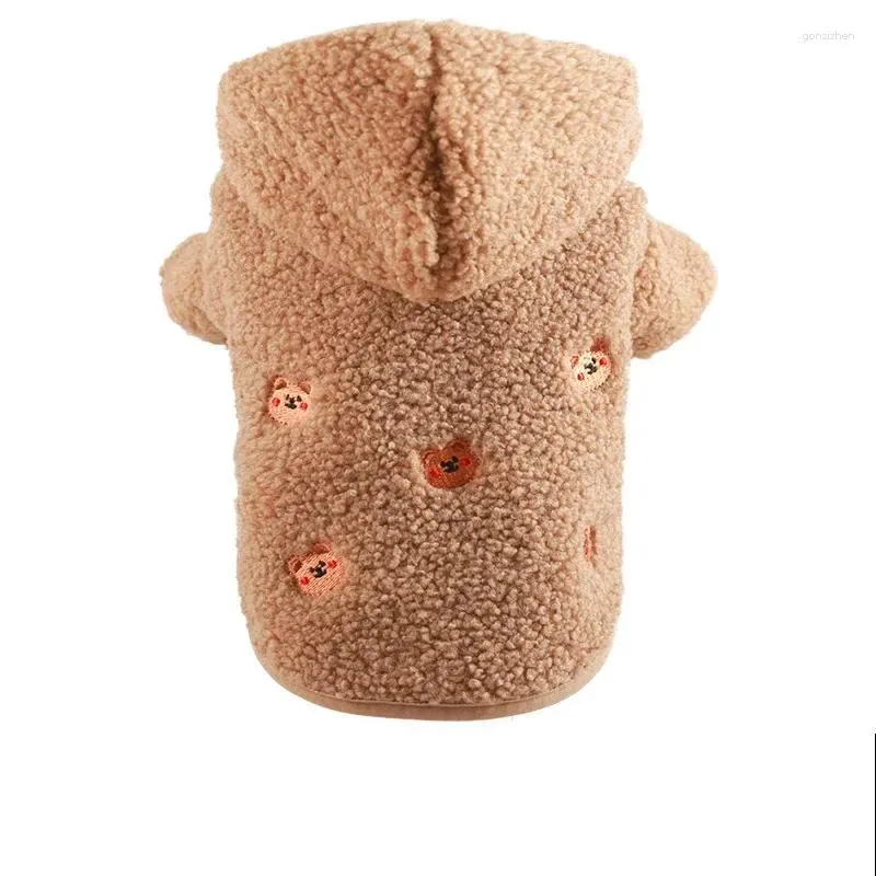 Vestuário para cães outono e inverno calor vestindo moletons em ambos os pés urso de pelúcia padrão bordado cordeiro pelúcia jaqueta com capuz roupas para cães