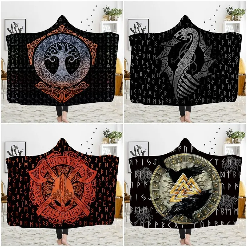 Customized 3D printed hooded blanket can be worn on flannel lamb cashmere cloak Viking totem theme Custom DIY Thin Quilt Sofa blan272A