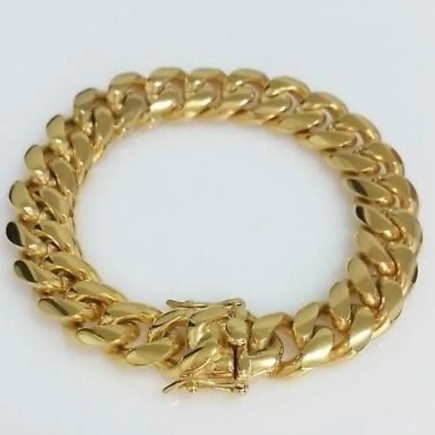 Bracelet à maillons cubains Miami pour hommes, en or jaune 18 carats, fermoir boîte, 12mm, 2104