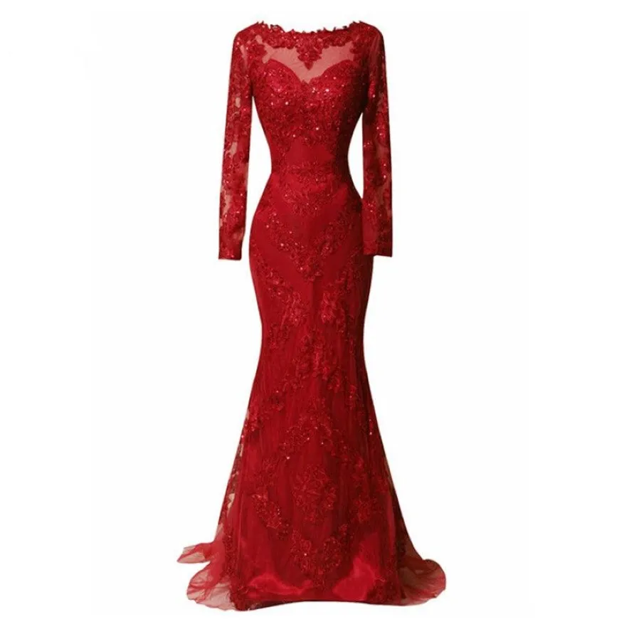 Robe de soirée longue en dentelle rouge émeraude, manches longues, traîne de balayage de perles, paillettes Sexy, robe de concours formelle pour bal de promo, 219P