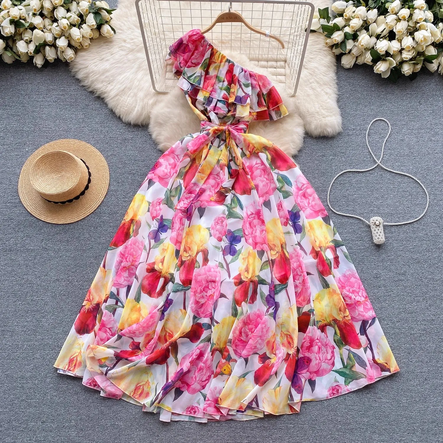 Casual Women Dress Elegant 2024 Holiday Gorgeous Flower Chiffon Long Dress Summer Women's Ruffler One Shoulder Floral Print Sashes Maxi Robe Vestidos