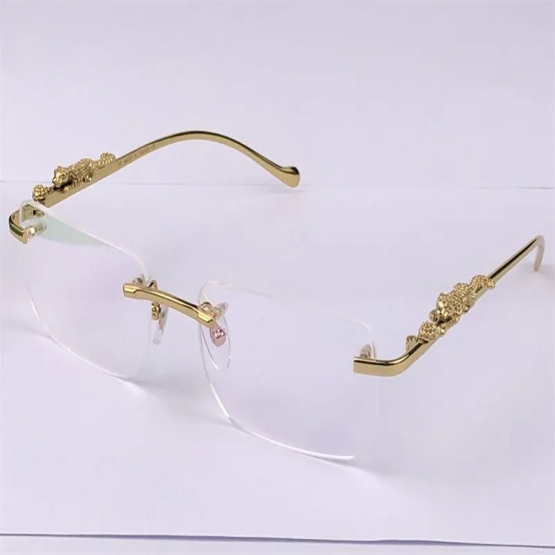 Óculos ópticos de design de moda 36456413 moldura quadrada sem aro lente transparente pernas de animais estilo simples vintage com case252Z