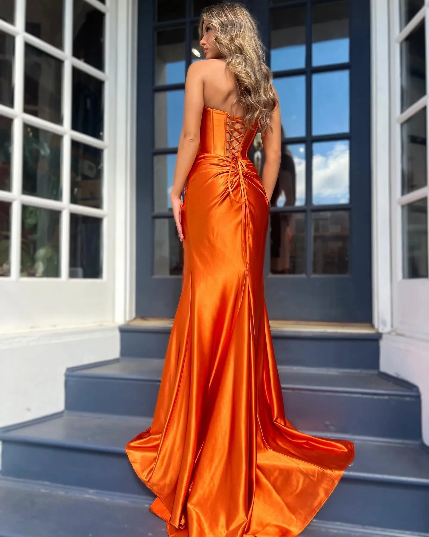 open lace back dress Ava Presley Simple Ruched Satin Prom Dress 47030