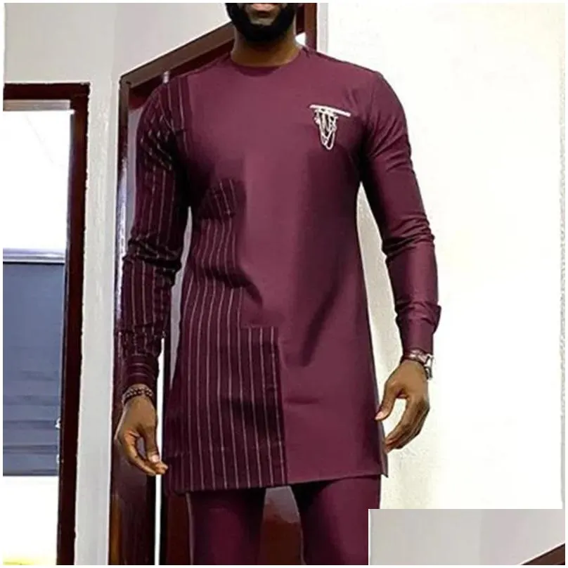 Men'S Casual Shirts African Men Dress Shirt Mid Length Round Neck Long Sleeve Tops Male Spring Traditional Plus Size Slim Dashiki Blo Dhury