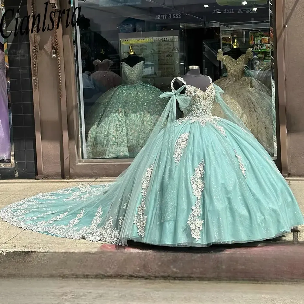 Mint Green Beading Ribbons Sweetheart Quinceanera Dresses Ball Gown Princess Appliques Lace Corset Vestidos De 15 Anos