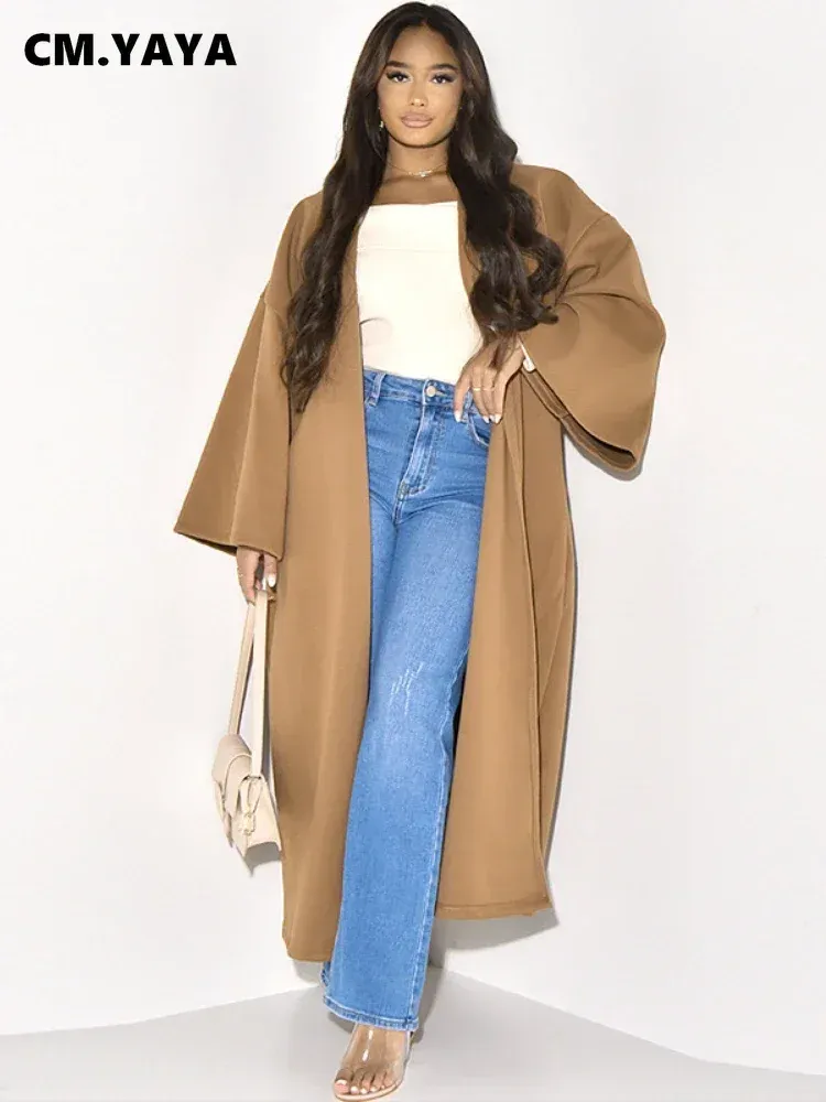 Trench CM.YAYA Women Fashion Vintage Open Stitch Long Sleeve Straight Solid Maxi Trench Jackets