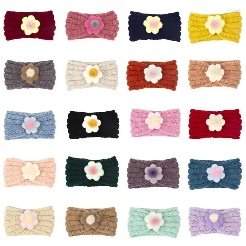 Accessoires pour cheveux Bandeau de fleur tricoté en laine pour enfants, couleur pure, large bandeau réglable, élastique en peluche douce, couvre-chef pour enfants de 0 à 4 ans