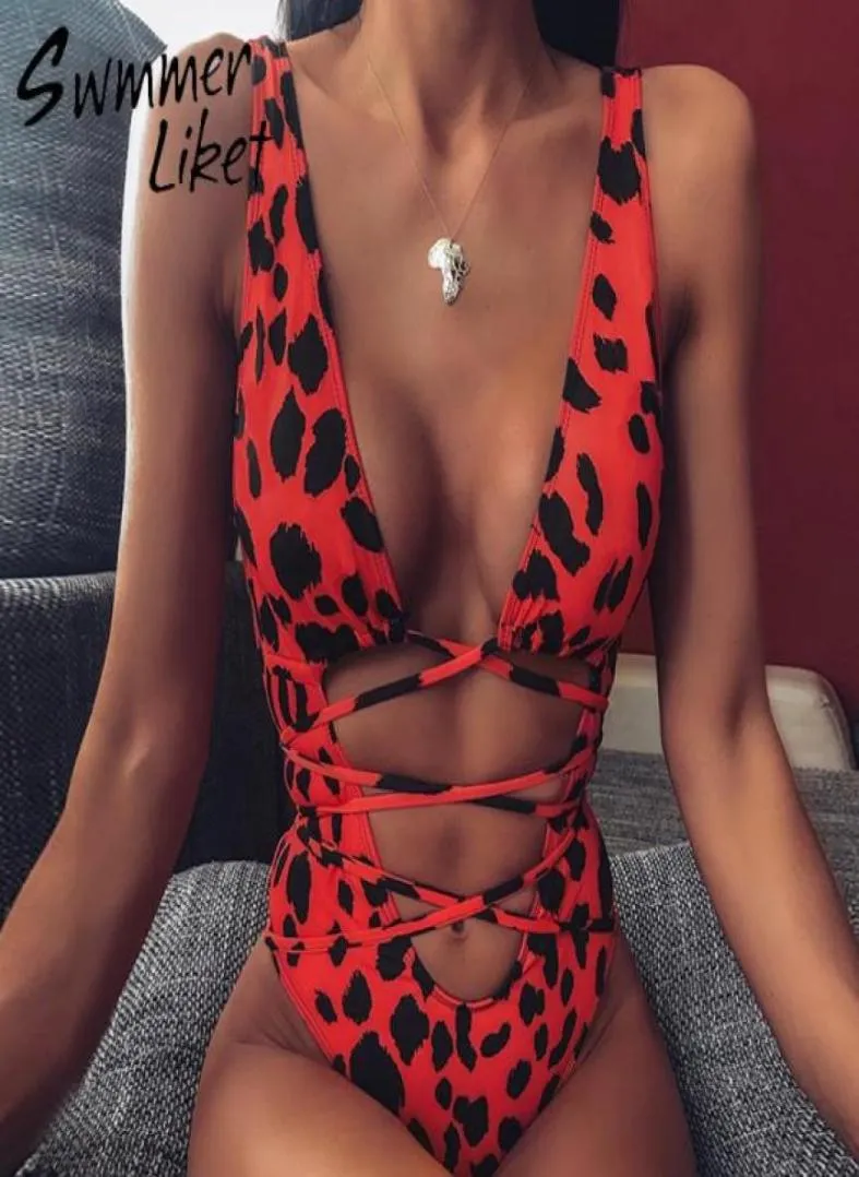 Kırmızı Leopar Brezilya Mayo Tek Parça Plus Boyut Seksi Bikini 2020 Push Up Mayo Kadınlar String Monokini Yüksek Kesik Banyo Takım B4989964