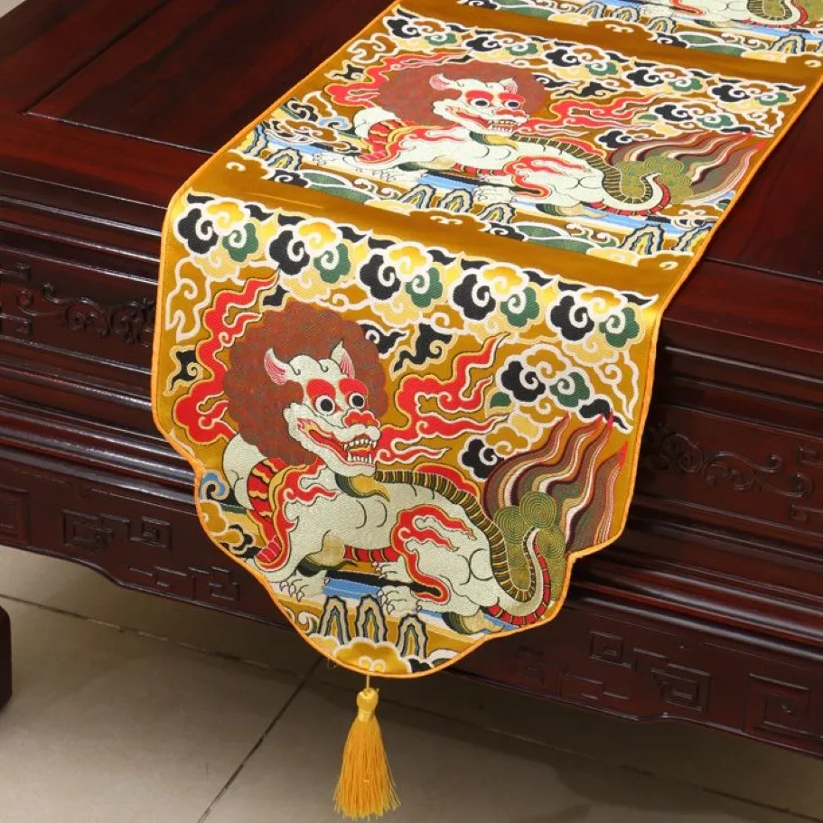 Épaissir ethnique Kirin chemin de table style chinois haute densité brocart de soie longue nappe nappe de table à manger fête décoration de la maison 2189