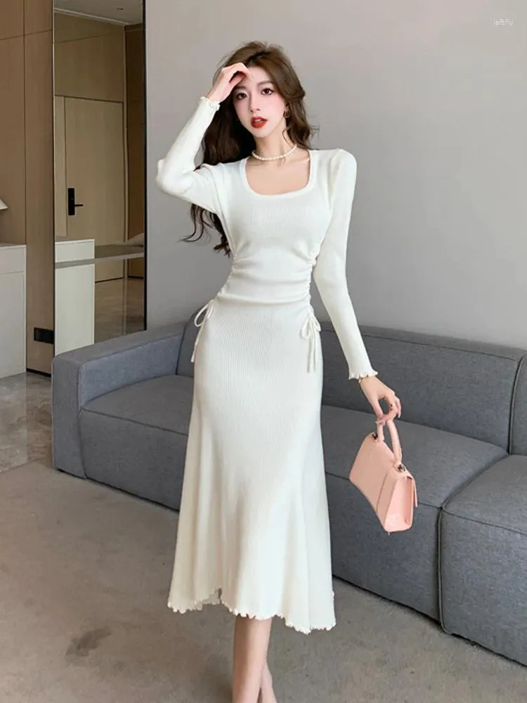 Casual Dresses Women Elegant Square Collar Draw String Knitted Dress Autumn Winter French Gentle Slim Appear Thin Mid Length Flounced Skirt