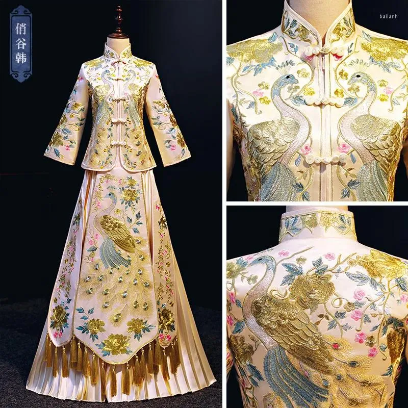 Etniska kläder kinesiska cheongsam broderi bröllopsklänning för kvinnor brud blygsam utsökt phoenix plus storlek elegant äktenskap qipao kostym