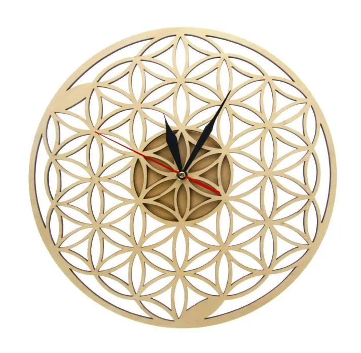 Fleur de vie intersecte anneaux géométrique horloge murale en bois géométrie sacrée découpé au laser horloge montre pendaison de crémaillère cadeau chambre décor Y2006452476