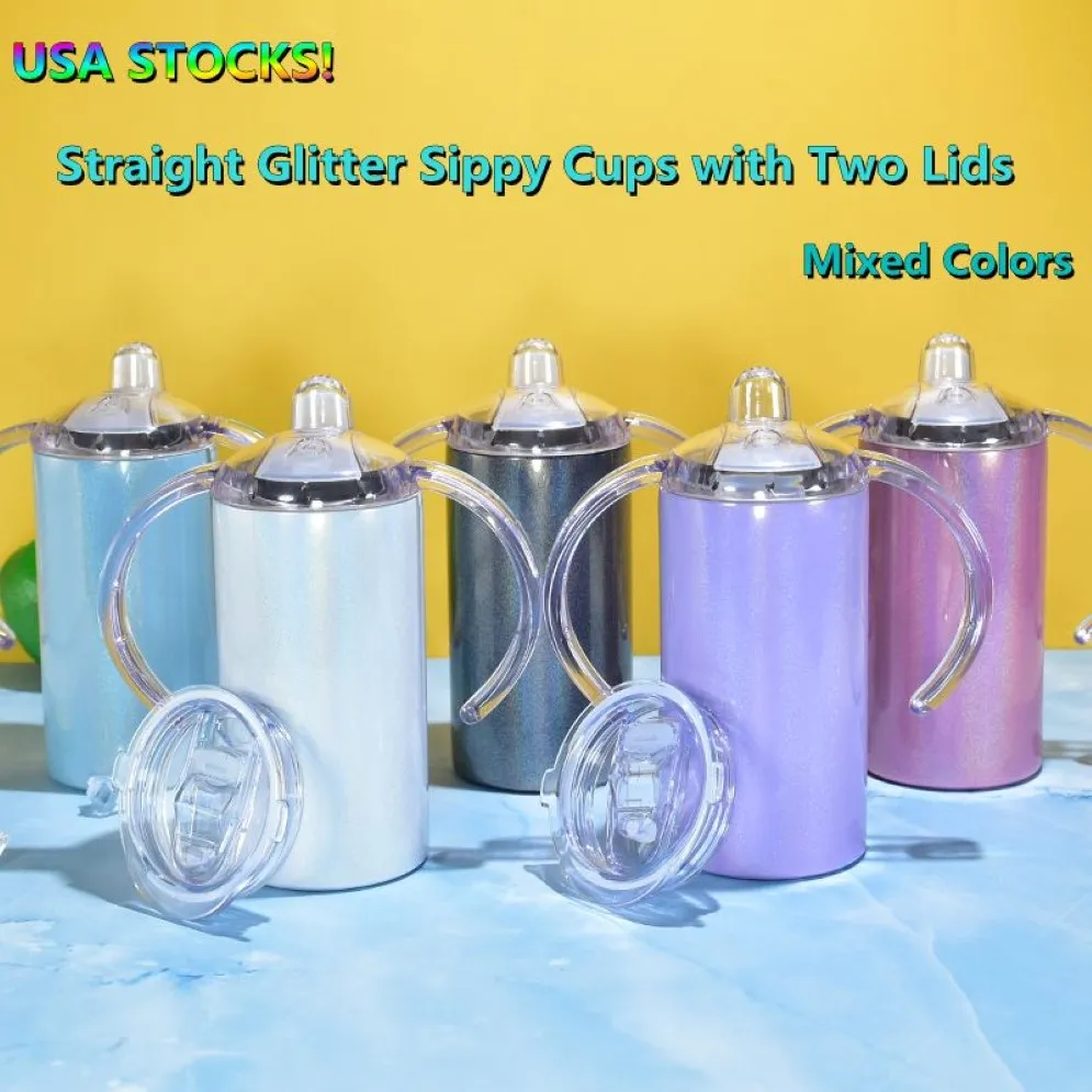 Local Warehouse Sublimation Glitter 12oz Sippy Cups Mugs With Two Lids White Blanks Straight Kid Tumblers Rostfritt stål Double 2393