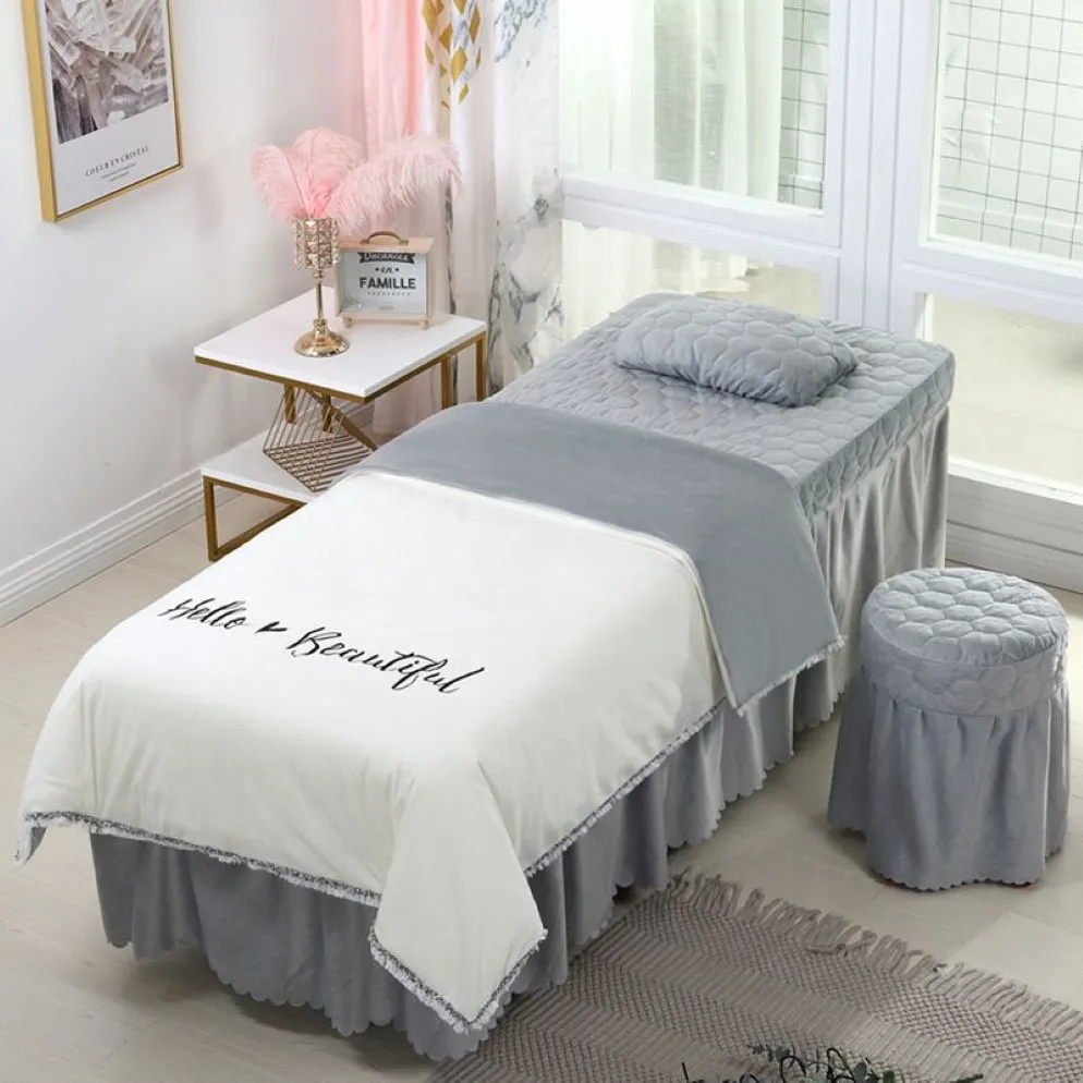 4 pièces beaux ensembles de literie de Salon de beauté Massage Spa utilisation corail velours broderie housse de couette jupe de lit drap de couette personnalisé # s234q