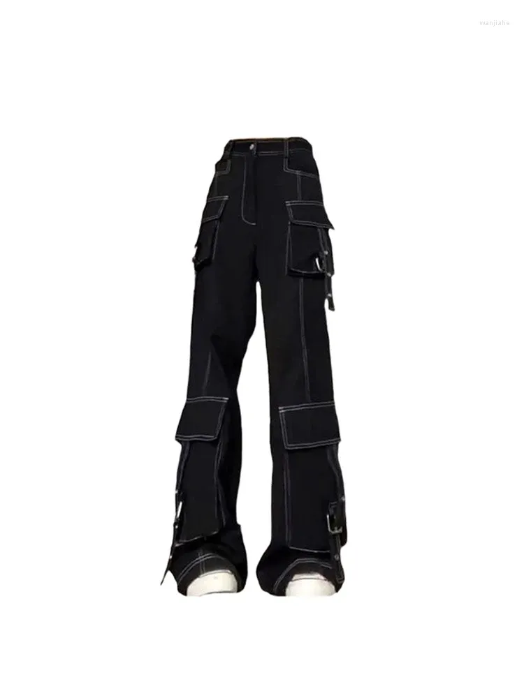 Pantalon Cargo Y2k pour femmes, mode de rue, poches à la taille, gothique, noir, Baggy, jambes larges, Harajuku, Streetwear décontracté