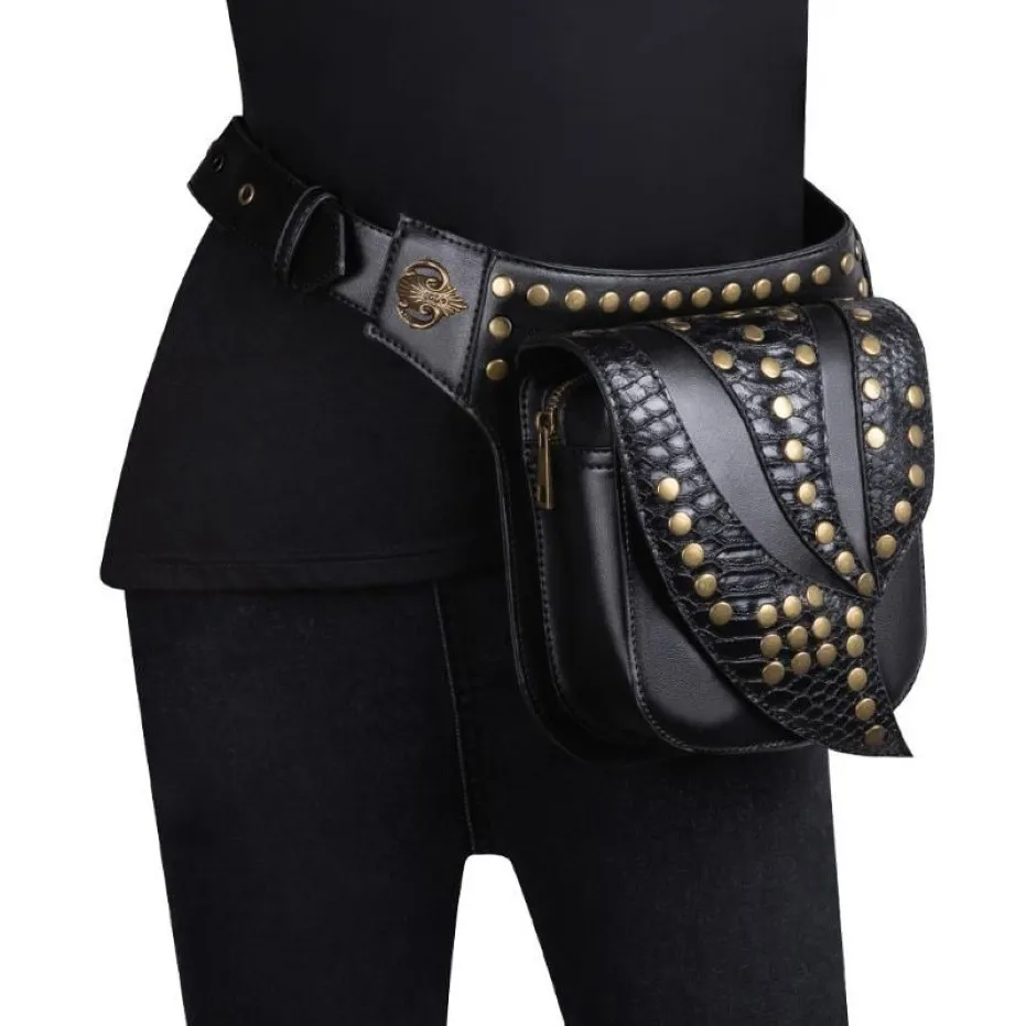 Waist Bags Retro Steam Punk Leather Bag Serpentine Crossbody Rock Crocodile Gothic Rivet Fanny Packs Fashion Motorcycle Leg2973