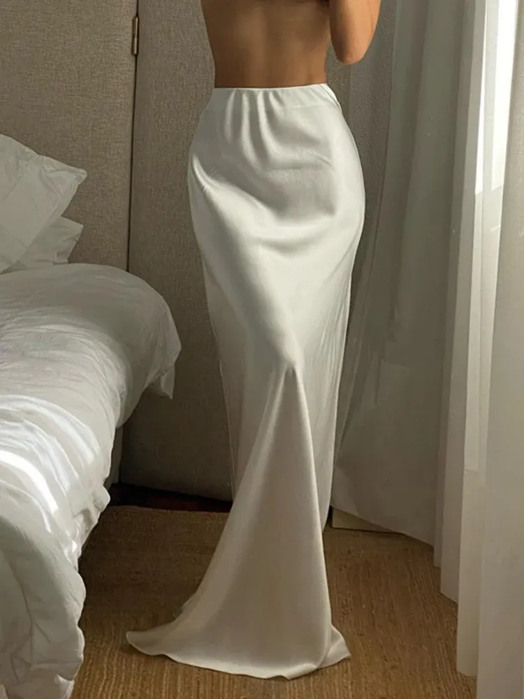 Rok Jyate Casual Wit Satijn Damesrok 2023 Mode Losse Hoge Taille Maxi Rokken Elegante Eenvoudige Slik Faldas Vrouwelijke Kleding