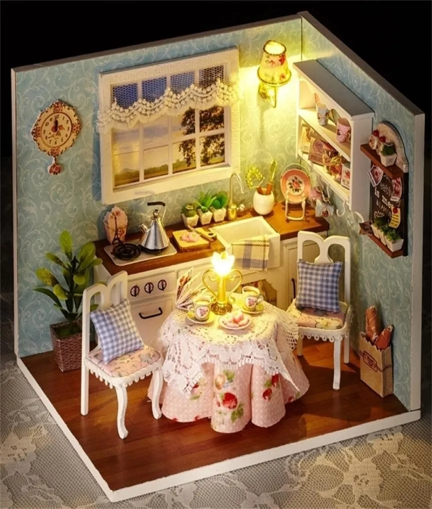 Casa de muñecas en miniatura DIY, modelo de cocina, caja de habitación, casa de muñecas de madera, juguetes con cubierta antipolvo LED, regalo de Navidad y cumpleaños 2012177457393