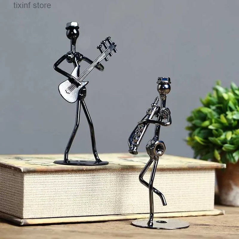 Decorative Objects Figurines Metal Musician Guitar Player Statue Musical Instrument Little Iron Art Collectible Figurine Home Cafe Office Book Shelf Decorate T24