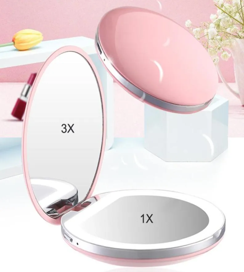 Mini miroir de maquillage LED rechargeable par USB miroir de poche Compact Portable 3 niveaux de luminosité lumière main 3X grossissement 9495526