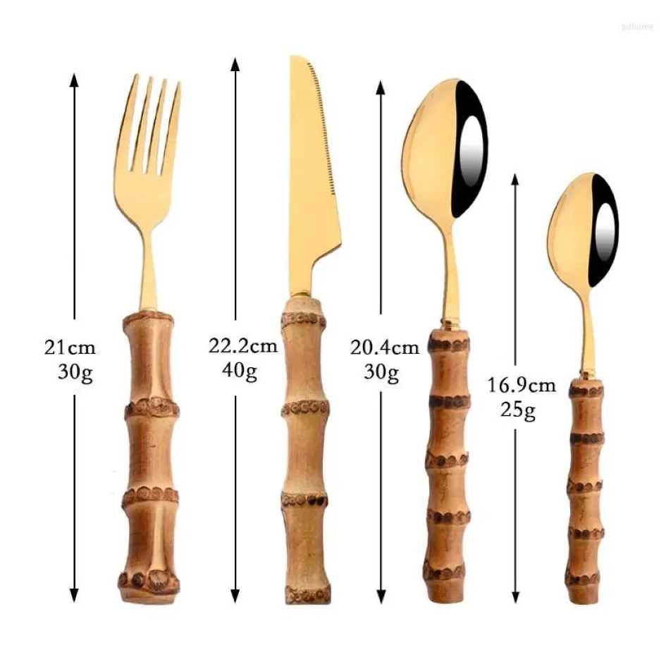 Flatvaruuppsättningar bambu -bestick set 8 16 24 st rostfritt stål guldbordsartiklar knivgaffel sked diskmaskin säker silvervaror servis265j