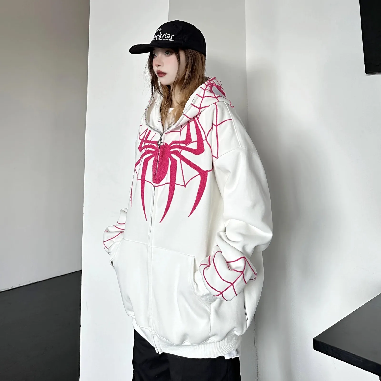 PINKSPINK❤️Y2K Hooded Bottom Y2K Spider Hoodie - Embroidered Full Zip Up Sweatshirt, Harajuku