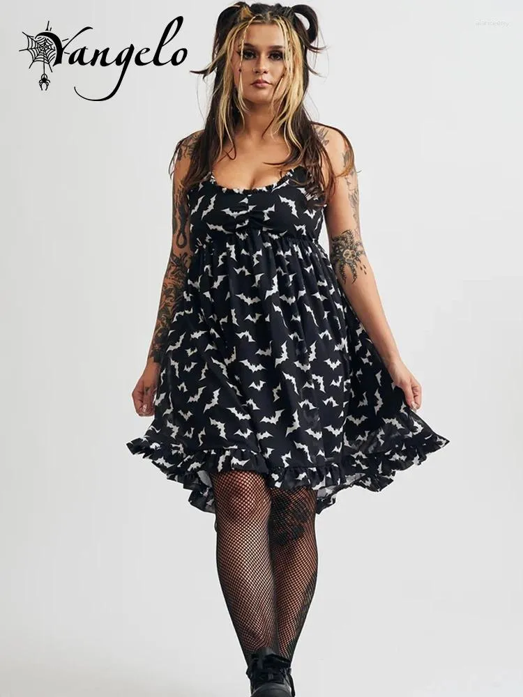 Casual Dresses Yangelo Gothic Eesthetic Elegance Bat Print Suspender Dress Punk Grunge Coquette Sexig dragstring för kvinnor 2024