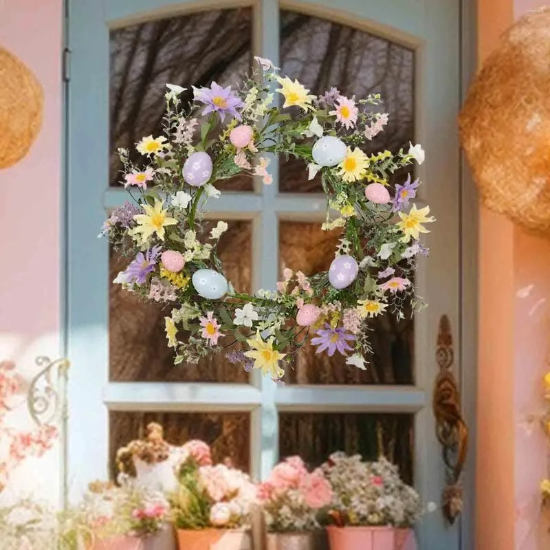 Decorative Flowers Easter Egg Wreath Decoration 45cm 18inch Spring Artificial Flower Garland For Holiday Window Farmhouse Office Home