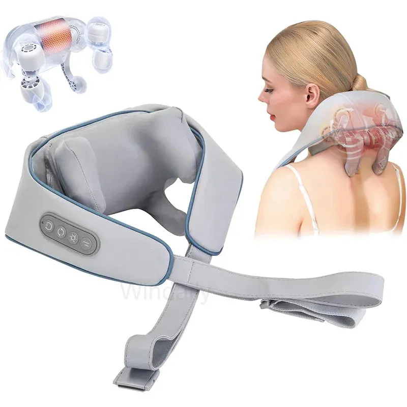 Massageador elétrico de pescoço e costas sem fio, travesseiro de massagem de ombro, trapézio, xale cervical 240309