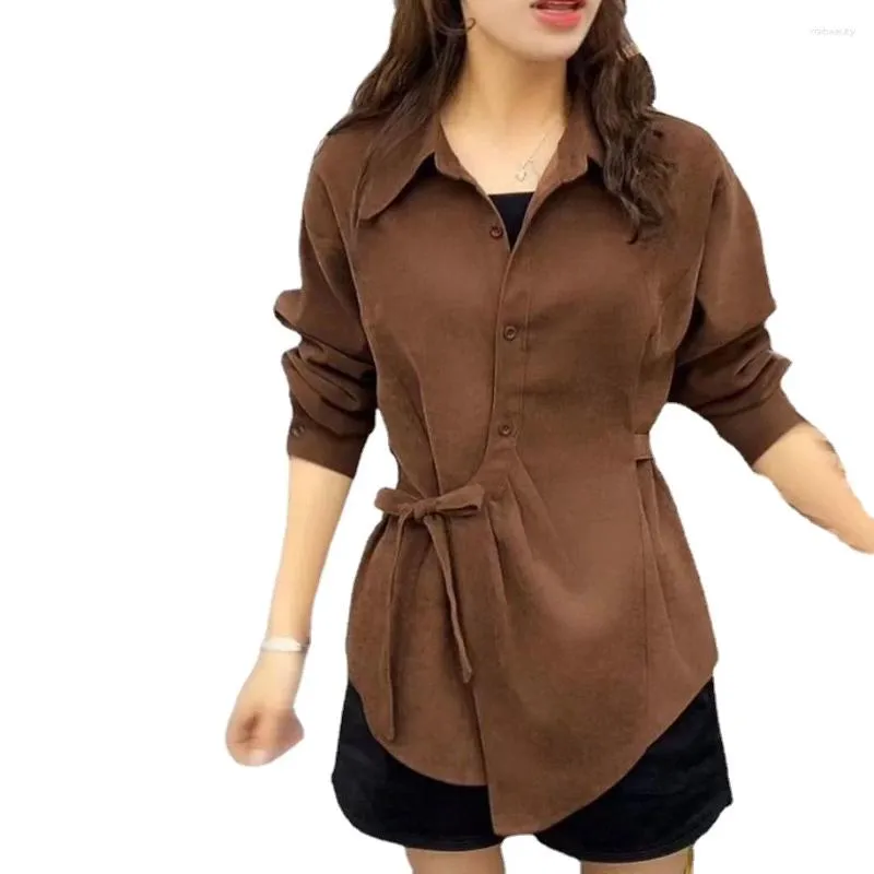 Женские блузки, весенне-осенняя вельветовая рубашка с длинным рукавом, свободная куртка средней длины со шнуровкой и нерегулярной талией