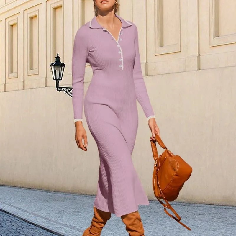 Casual Dresses V Neck Long Sleeve Dress Women Sweater Slim Fit Elegant Maxi Turn Down Collar Color Contrast Daily Outfit