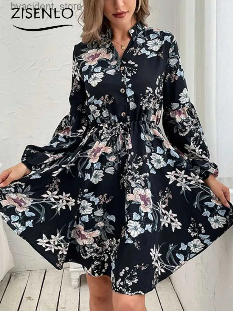 Vestidos urbanos sexy vestidos para mulheres primavera novo preto vintage manga comprida vestidos impressos com decote em v floral botão para baixo vestido curto feamle roupas l240309