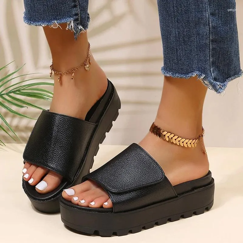 Slippers Black PU Leather Platform Women Plus Size 43 Thick Soled Sandals Woman 2024 Summer Non-slip Slides Shoes Female