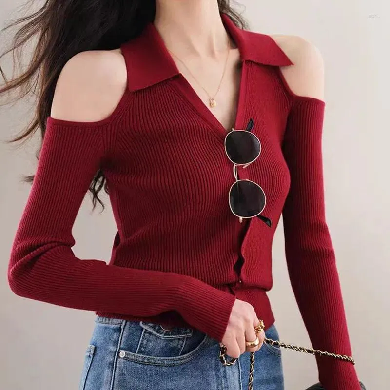 Women's Blouses 2024 Spring Women Single-breasted V-Neck Top Elegant Long Sleeve Office Shirt Slim Off Shoulder Sweet Solid